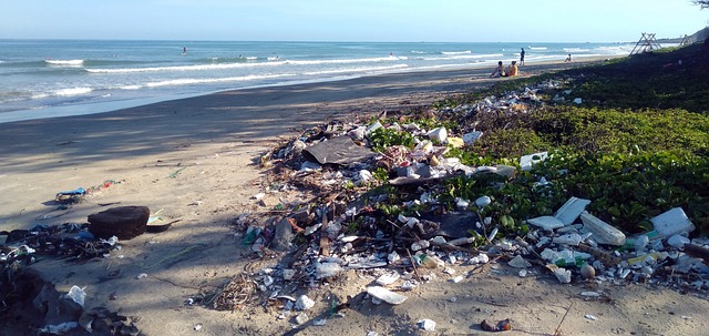 forurenset strand av plastflasker og søppel